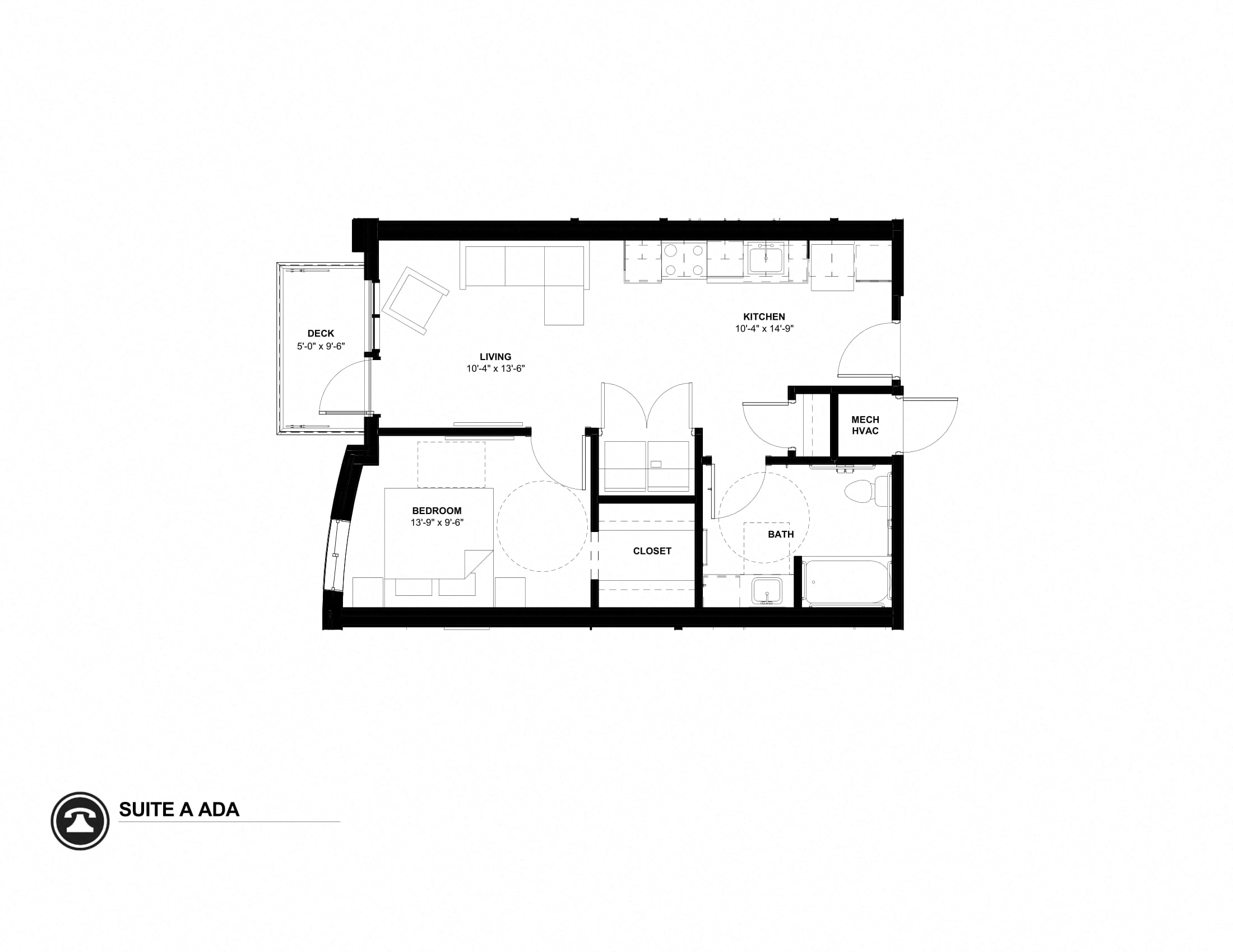 Floor plan for 1 bed, 1 bath, 648 sqft